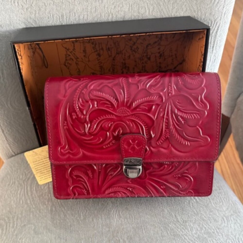 PATRICIA NASH red leather embossed clutch/ cross body with strap, NWT